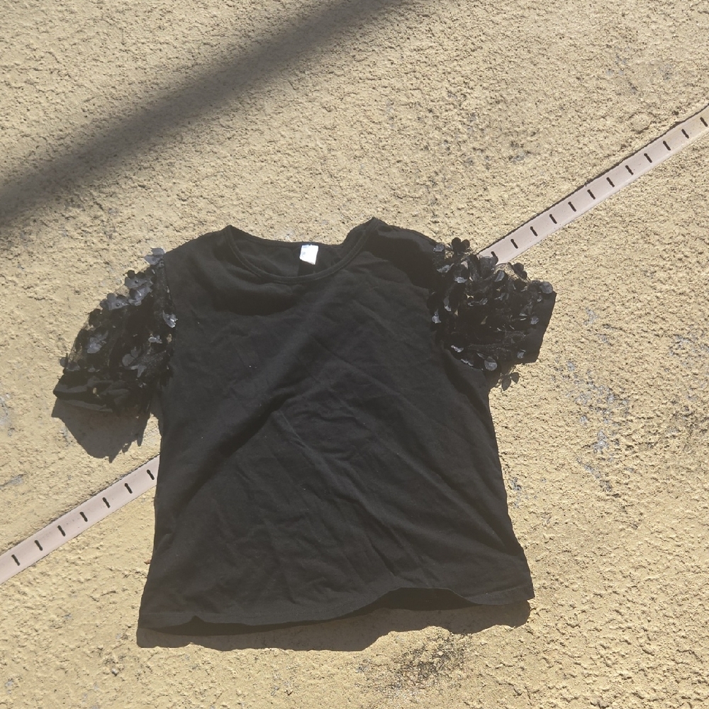Black T-Shirt with Floral Sleeves